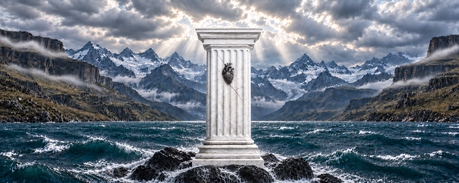 A marble pillar with an anatomical heart stands amid mountain waters and storm clouds.