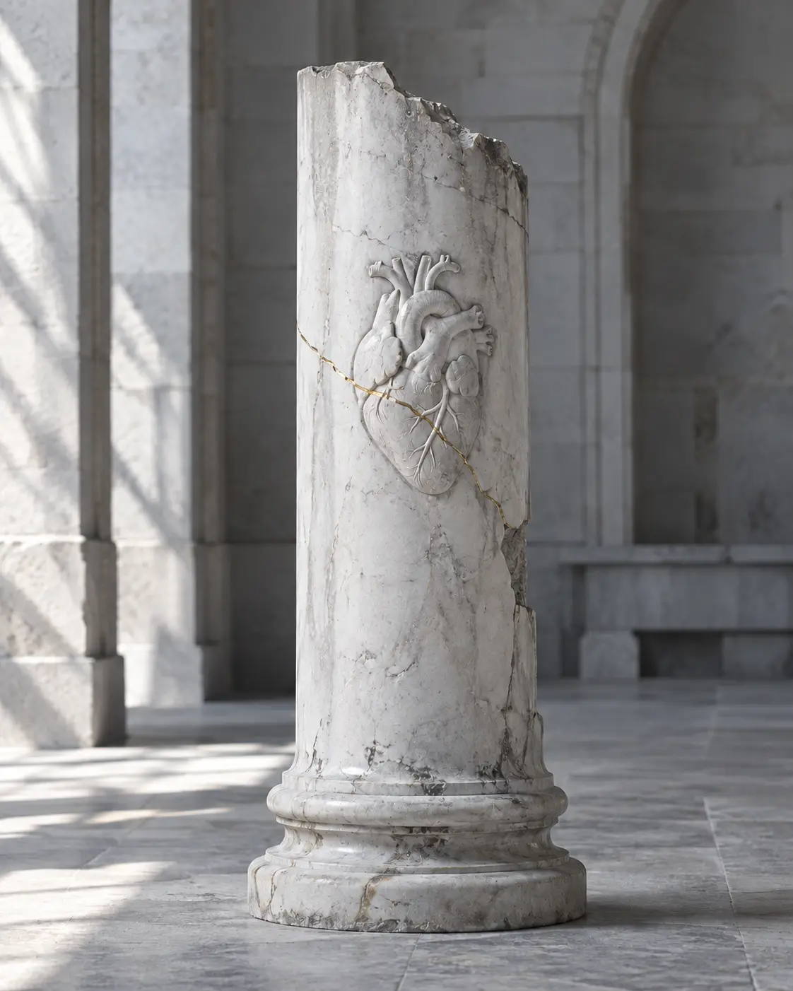 A fractured marble pillar bearing a carved anatomical heart, repaired with a fine gold seam.